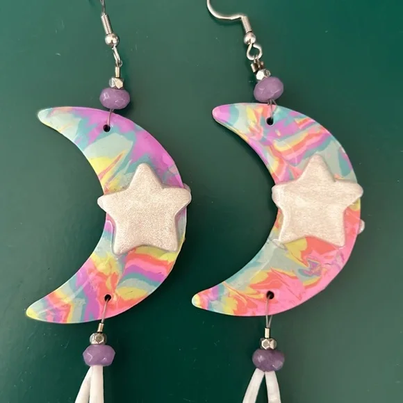 Whimsical star and moon rainbow statement earrings - Picture 2 of 5